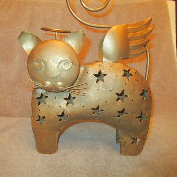 17" Metal ANGEL Fairy CAT Candle HOLDER Folk Art WINGS Fantasy STARS Sculpture - Picture 3 of 11